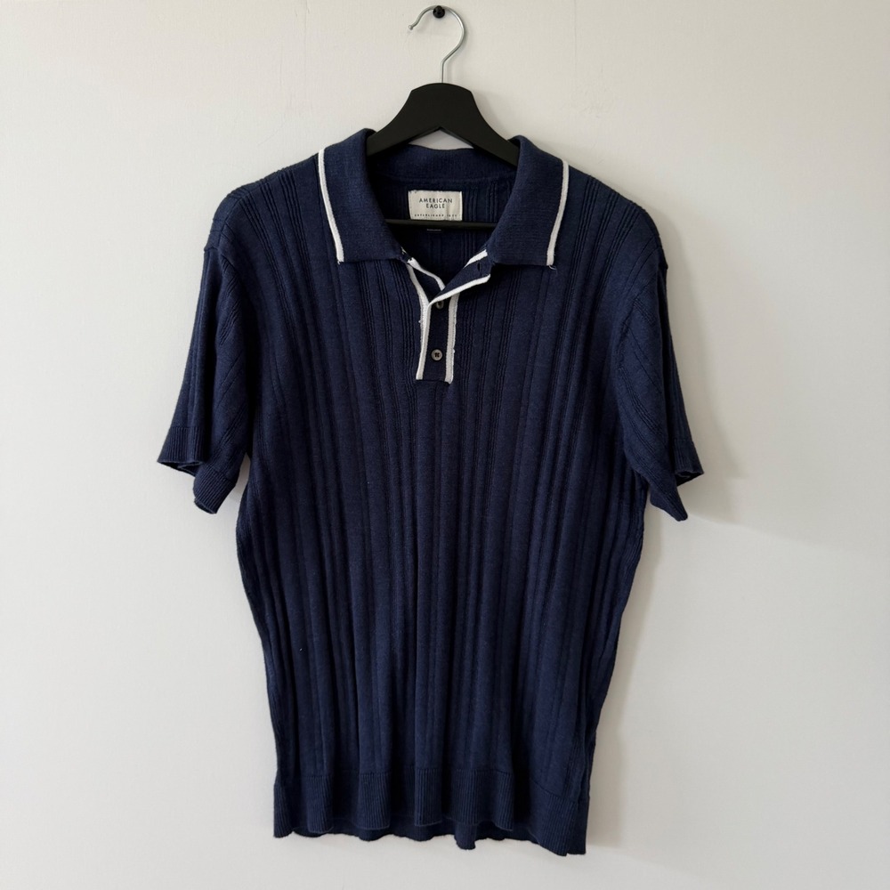 American Eagle Mens Navy Blue Ribbed Knit Short Sleeve Polo Shirt XS Retro Mod